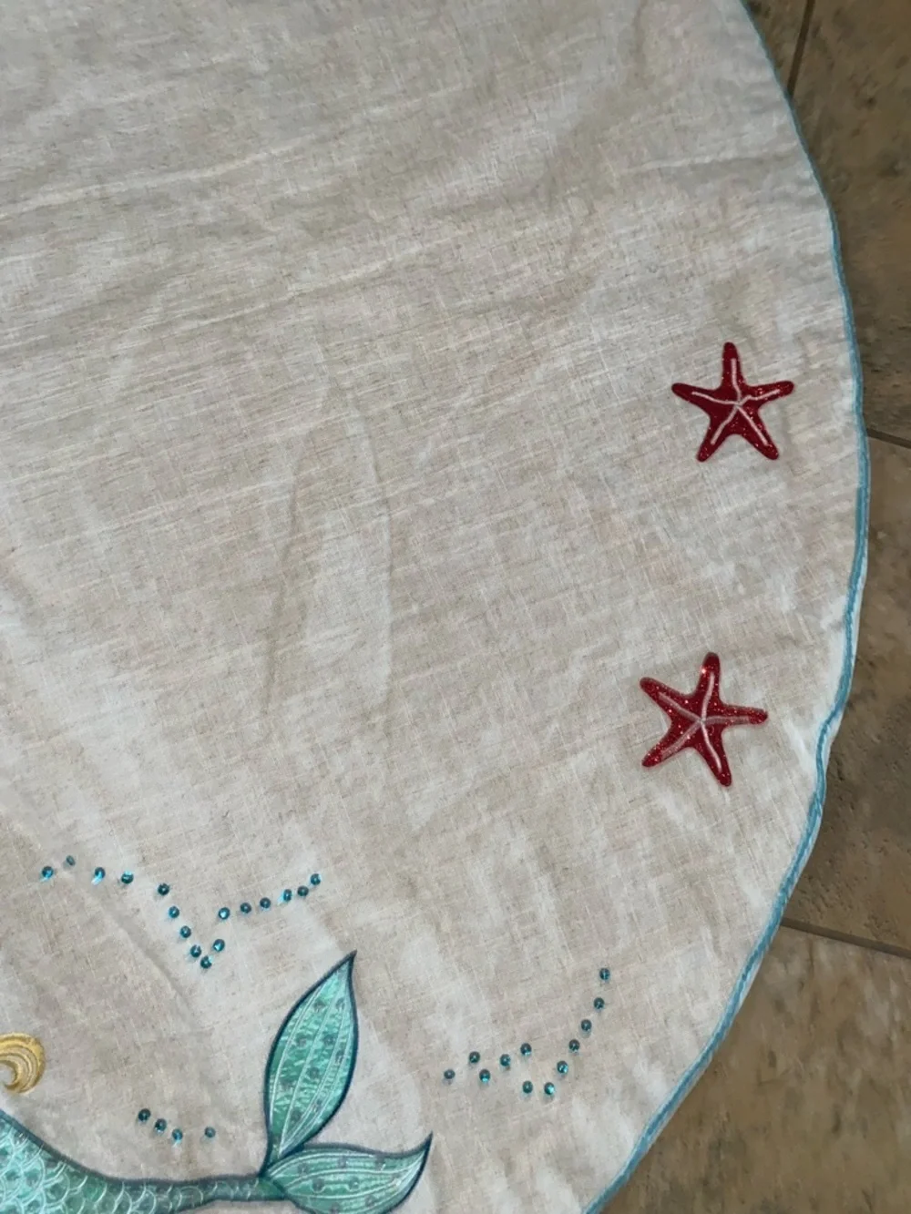 Mermaid Starfish Embroidered Coastal Turquoise White Christmas 52”W Tree Skirt